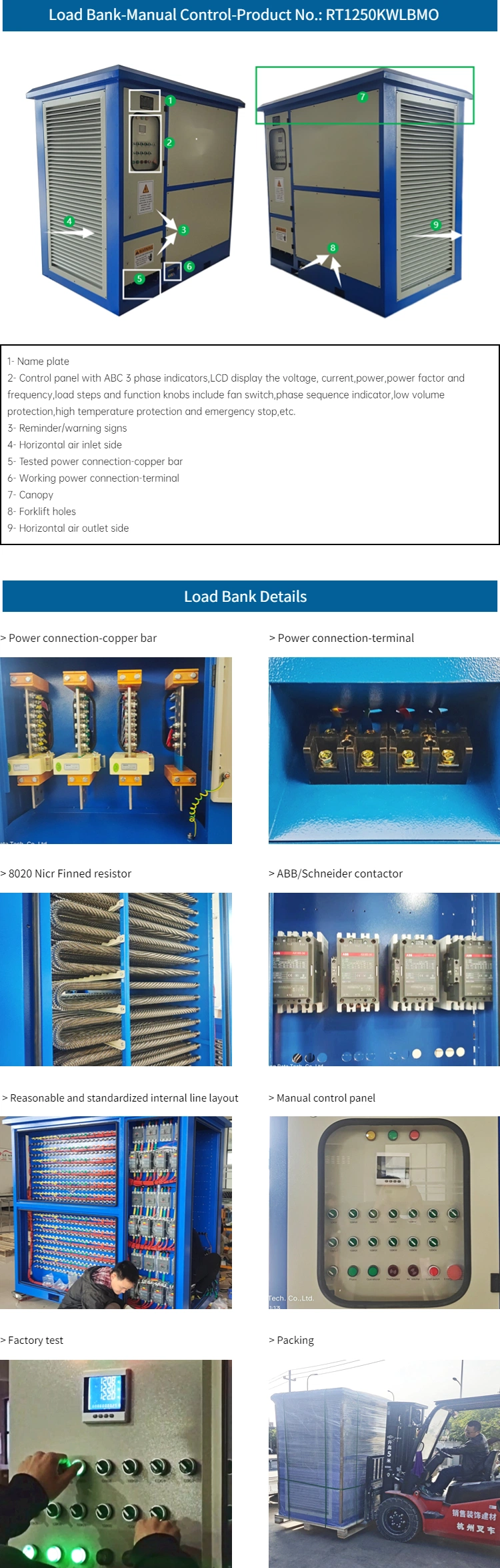 1000kw/1250kw/800kw/1MW AC Dummy Air Cooled Generator Genset Resistive Manual/Automatic Control Load Bank